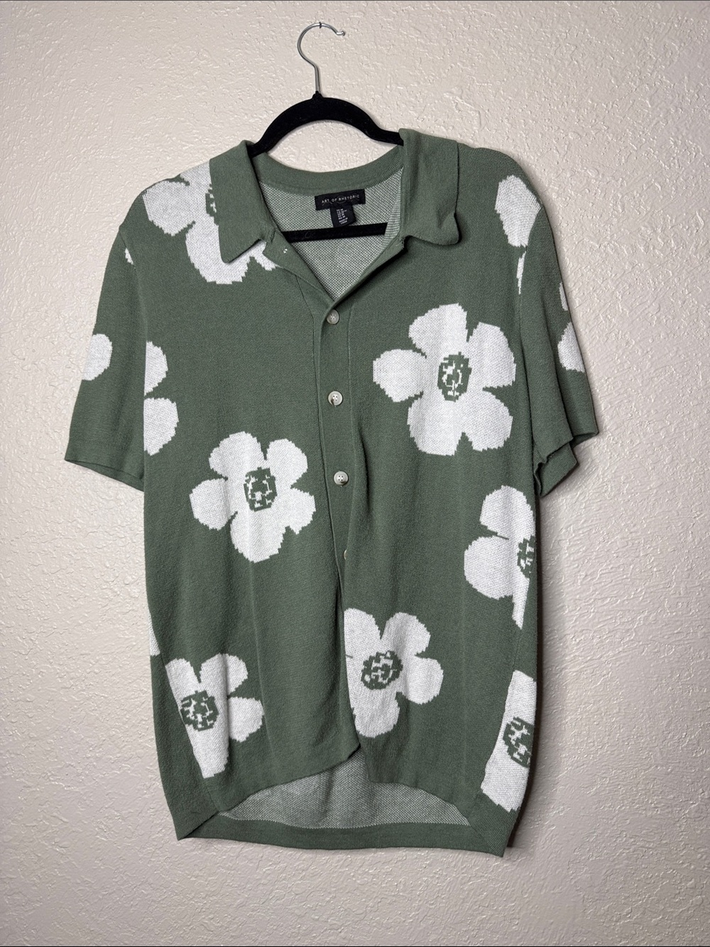 Short-Sleeve Floral Knit Polo Shirt - Olive & White